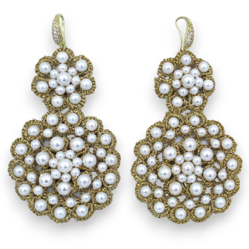 Tatting lace earrings - approx. h 9 cm with pearls and hook studded with zircons - 