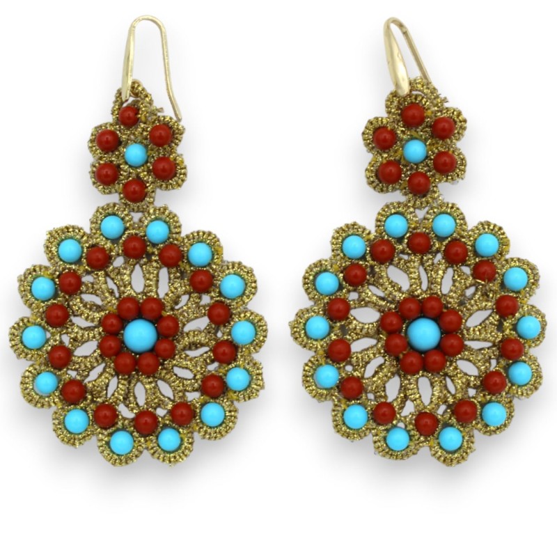 Tatting lace earrings - approx. h 8 cm with Mallorcan pearls and turquoise paste stones - 
