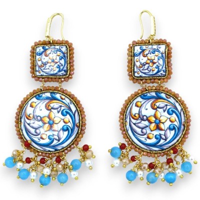 Earrings with double lava stone tile, h approx. 9 cm. Ochre, Sicilian majolica and flowers - 