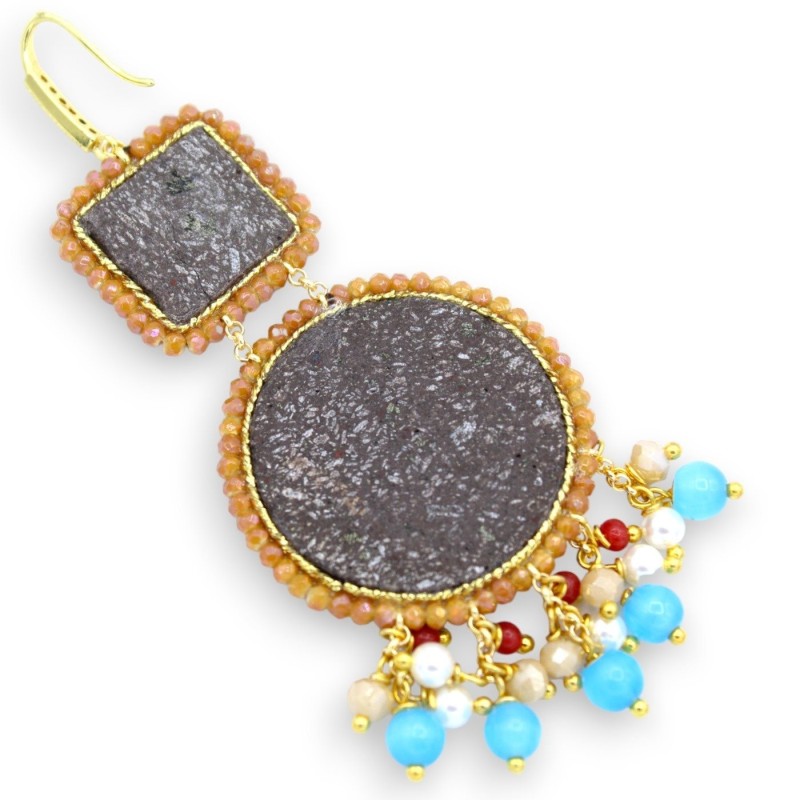 Earrings with double lava stone tile, h approx. 9 cm. Ochre, Sicilian majolica and flowers - 