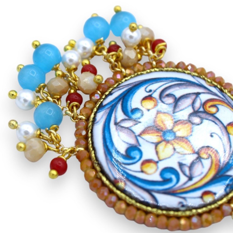 Earrings with double lava stone tile, h approx. 9 cm. Ochre, Sicilian majolica and flowers - 