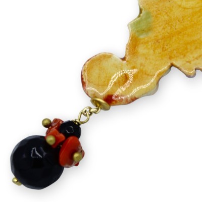 Orecchini Cavalluccio Marino in ceramica Caltagirone, h 9 cm ca. con Onice, corallo Bambù, smalto oro 24k - 