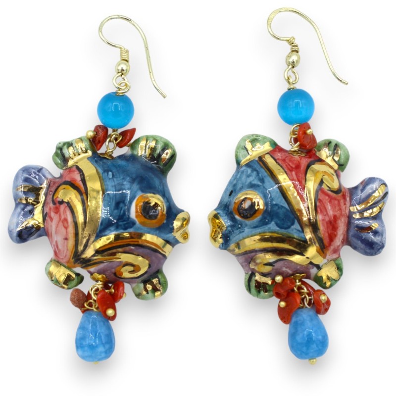 Puffer Fish earrings in Caltagirone ceramic, h approx. 7 cm. with Angelite, Bamboo coral, 24k gold enamel - 