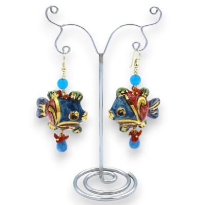 Puffer Fish earrings in Caltagirone ceramic, h approx. 7 cm. with Angelite, Bamboo coral, 24k gold enamel - 