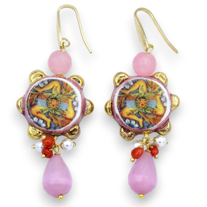 Caltagirone ceramic tambourine earrings h approx. 6 cm finished with 24k pure gold enamel, Rose Quartz - 