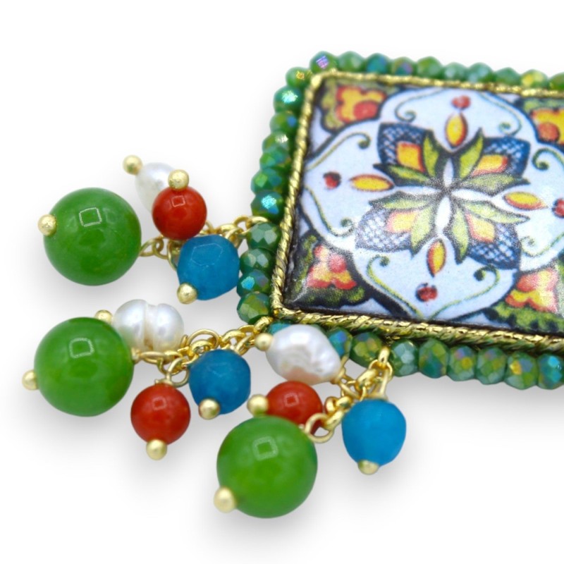 Lavasteen tegel oorbellen h ca. 7 cm Siciliaanse majolica-decoratie, Mallorcaanse parels, kristallen en agaat - 