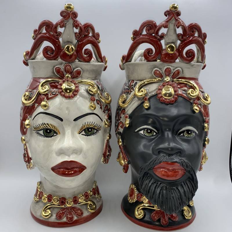 Pair of Caltagirone Moorish Heads, Matt Black and Pure Gold Enamel - Height 36 cm - 