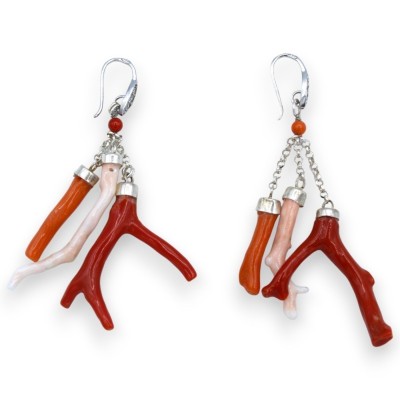 Brincos pendentes em prata 925 e ramos de coral, altura aproximada de 8 cm. com pérola Mallorca MD2 - 