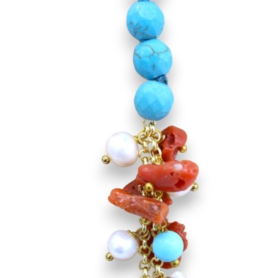 Necklace with Turquoise Paste stones, L 80 cm approx. cameo with mother of pearl and coral, scaramazze pearls - 