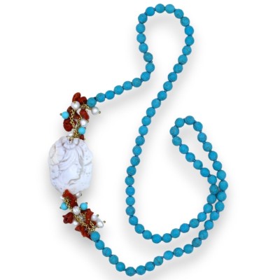 Halsband med Turquoise Paste-stenar, L 80 cm ca. cameo med pärlemor och korall, scaramazze pärlor - 