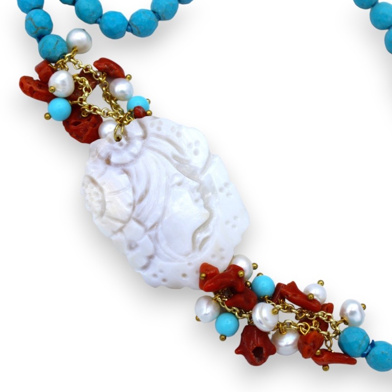 Halsband med Turquoise Paste-stenar, L 80 cm ca. cameo med pärlemor och korall, scaramazze pärlor - 