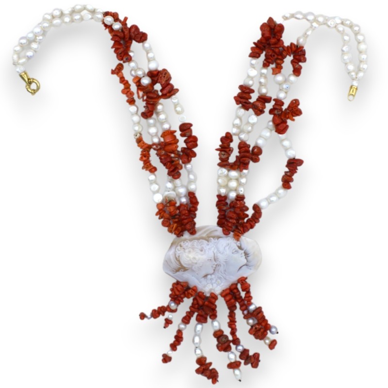 Colar de Pérolas e Corais Scaramaze, C 56 + 12 cm aprox. Camafeu de madrepérola - 