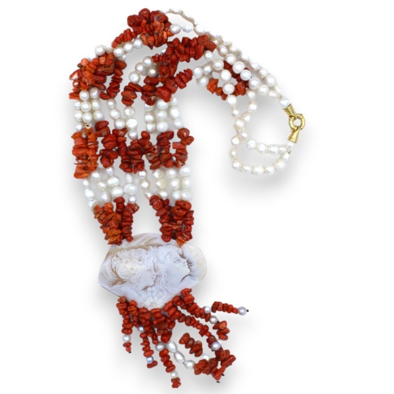 Colar de Pérolas e Corais Scaramaze, C 56 + 12 cm aprox. Camafeu de madrepérola - 