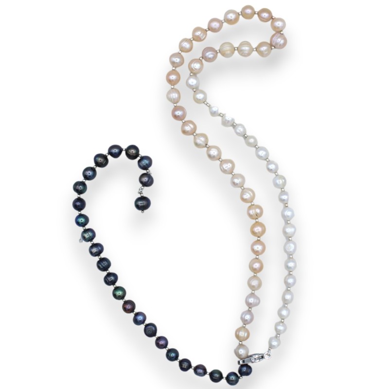 Collana di Perle Scaramazze Bianche, Rosa e Grigie, L 58 + 28 cm ca. Lunghezza regolabile Chiusura in Acciaio Rodiato e 