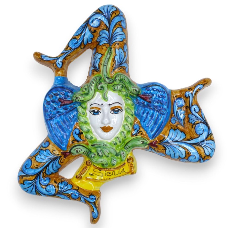 Trinacria de cerámica siciliana - h 35 x 35 cm aprox. decoración barroca azul sobre fondo ocre - 