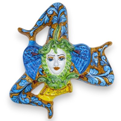Trinacria i siciliansk keramik - h 35 x 35 cm ca. blå barock dekoration på en ockra bakgrund - 