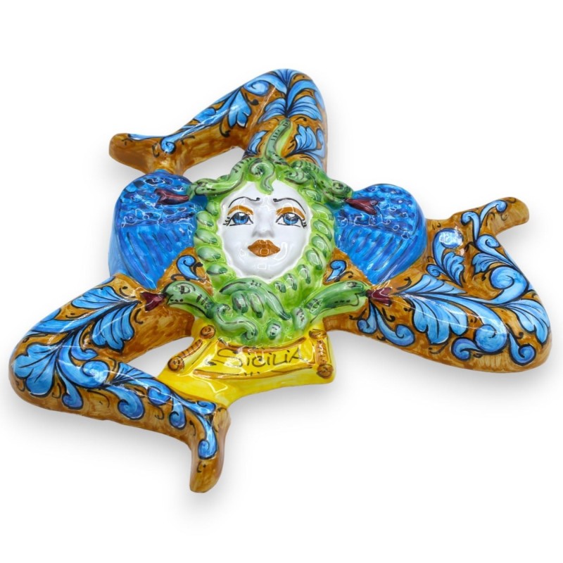 Trinacria in Siciliaans keramiek - h 35 x 35 cm ca. blauwe barokdecoratie op een okerkleurige achtergrond - 