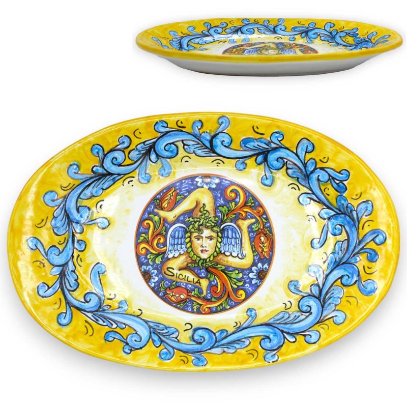 Vassoio Ovale in ceramica Siciliana, piatto da portata, L 30 x 20 cm ca. decoro Barocco blu su fondo giallo e Trinacria 
