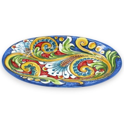 Caltagirone keramisk oval bricka, serveringsfat, L 30 x 20 cm ca. blå bakgrund, barock och blomsterdekoration - 