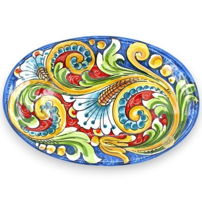 Caltagirone ceramic oval tray, serving plate, L 30 x 20 cm approx. blue background, baroque and floral decoration - 