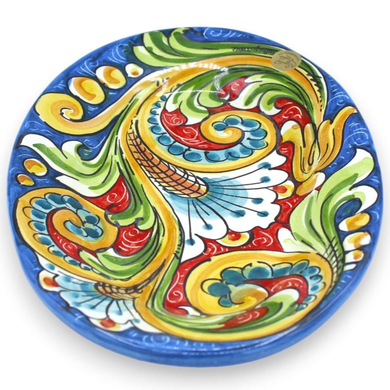 Caltagirone keramisk oval bricka, serveringsfat, L 30 x 20 cm ca. blå bakgrund, barock och blomsterdekoration - 