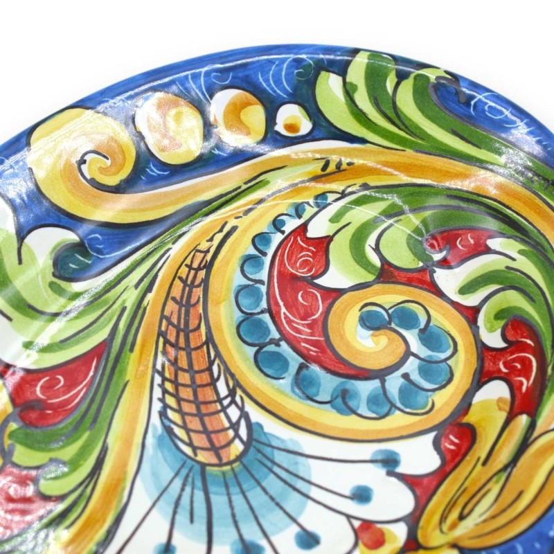 Caltagirone keramisk oval bricka, serveringsfat, L 30 x 20 cm ca. blå bakgrund, barock och blomsterdekoration - 