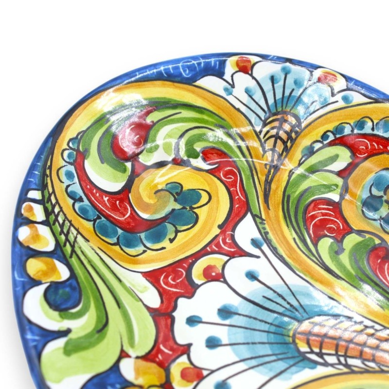 Caltagirone keramisk oval bricka, serveringsfat, L 30 x 20 cm ca. blå bakgrund, barock och blomsterdekoration - 