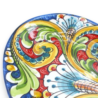 Caltagirone keramisk oval bricka, serveringsfat, L 30 x 20 cm ca. blå bakgrund, barock och blomsterdekoration - 