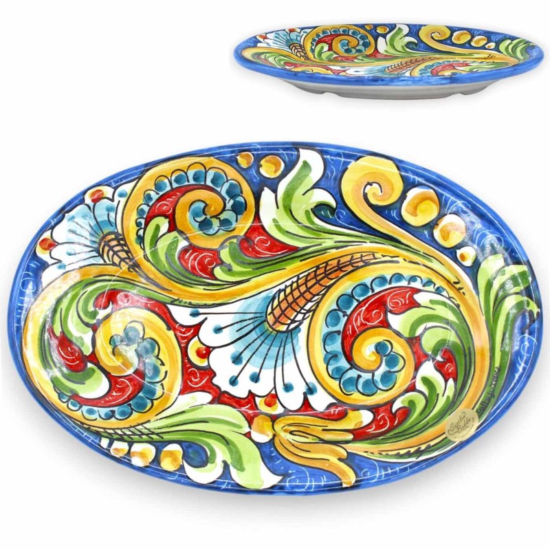 Vassoio Ovale ceramica Caltagirone, piatto da portata, L 30 x 20 cm ca. fondo blu, decoro barocco e floreale - 