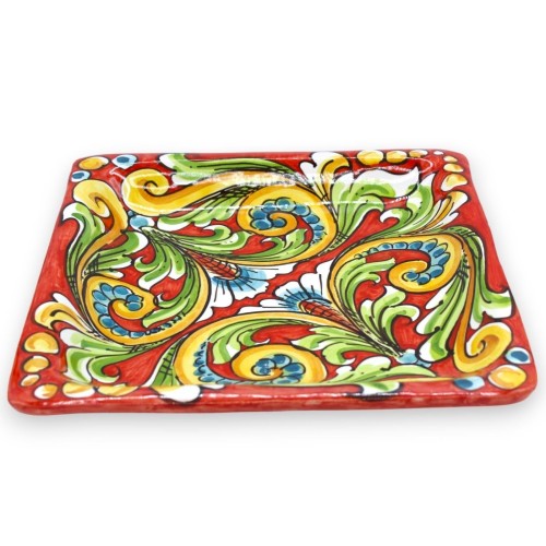 Bandeja quadrada de cerâmica Caltagirone, prato de servir, C 25 x 25 cm aprox. fundo vermelho, decoração barroca e flora 2