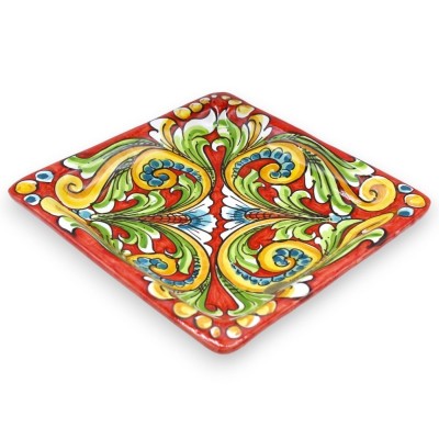 Bandeja quadrada de cerâmica Caltagirone, prato de servir, C 25 x 25 cm aprox. fundo vermelho, decoração barroca e flora