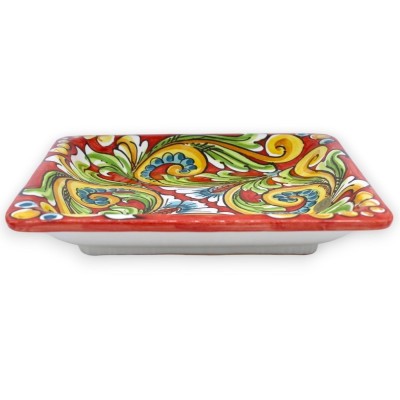 Bandeja quadrada de cerâmica Caltagirone, prato de servir, C 25 x 25 cm aprox. fundo vermelho, decoração barroca e flora