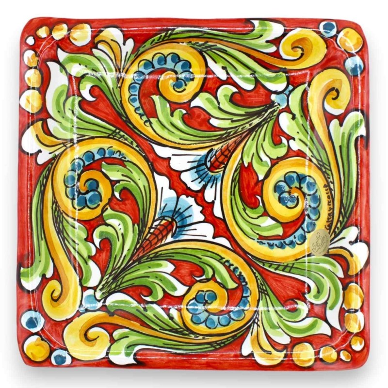 Bandeja quadrada de cerâmica Caltagirone, prato de servir, C 25 x 25 cm aprox. fundo vermelho, decoração barroca e flora