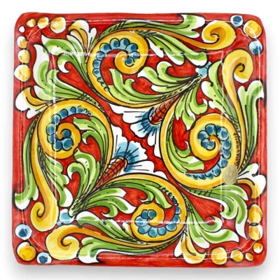 Bandeja quadrada de cerâmica Caltagirone, prato de servir, C 25 x 25 cm aprox. fundo vermelho, decoração barroca e flora