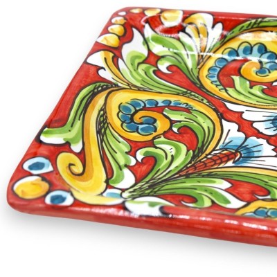 Bandeja quadrada de cerâmica Caltagirone, prato de servir, C 25 x 25 cm aprox. fundo vermelho, decoração barroca e flora