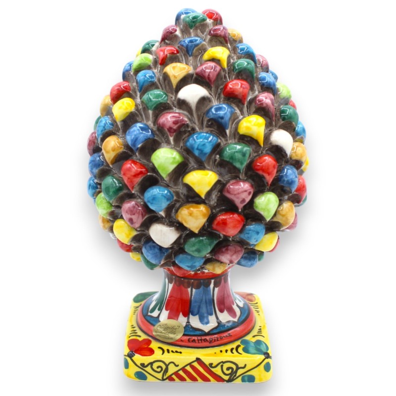 Caltagirone Ceramic Pine Cone with Decorated Square Base, Multicolored with 6 size options (1pc) - 