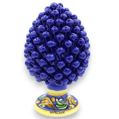 Sicilian Pinecone in Caltagirone Ceramics, Blue - 2 size options (1pc) Stem with green and yellow baroque decoration - 