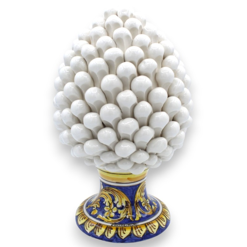 Sicilian Pinecone in Caltagirone Ceramics, White - 2 size options (1pc) Stem with baroque decoration and flowers - 