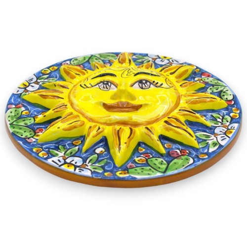 Caltagirone keramisk skiva sol, Ø ca 25 cm. prickly pear och blommor dekoration på en blå bakgrund -  2