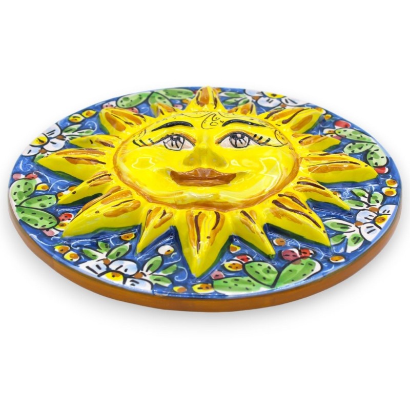 Sol de disco cerâmico Caltagirone, Ø aproximadamente 25 cm. decoração de pera espinhosa e flores em um fundo azul - 
