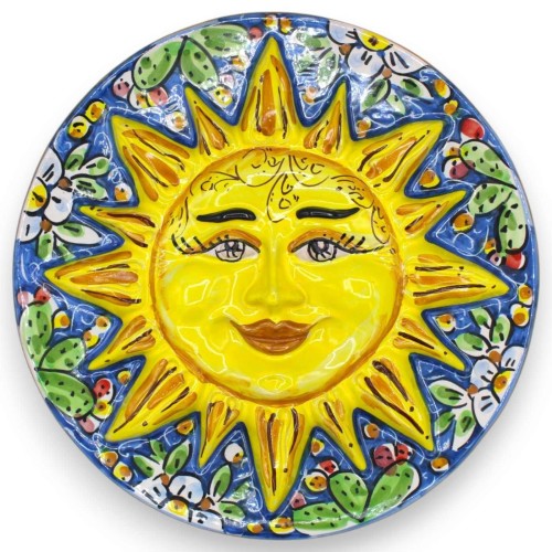 Caltagirone keramische schijfzon, Ø ca. 25 cm. Cactusvijg en bloemendecoratie op een blauwe achtergrond - 