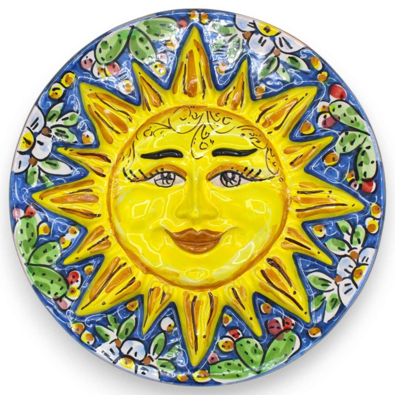 Sol de disco cerâmico Caltagirone, Ø aproximadamente 25 cm. decoração de pera espinhosa e flores em um fundo azul - 