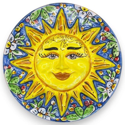 Caltagirone Keramikscheibensonne, Ø ca. 25 cm. Feigenkaktus und Blumendekoration auf blauem Hintergrund - 