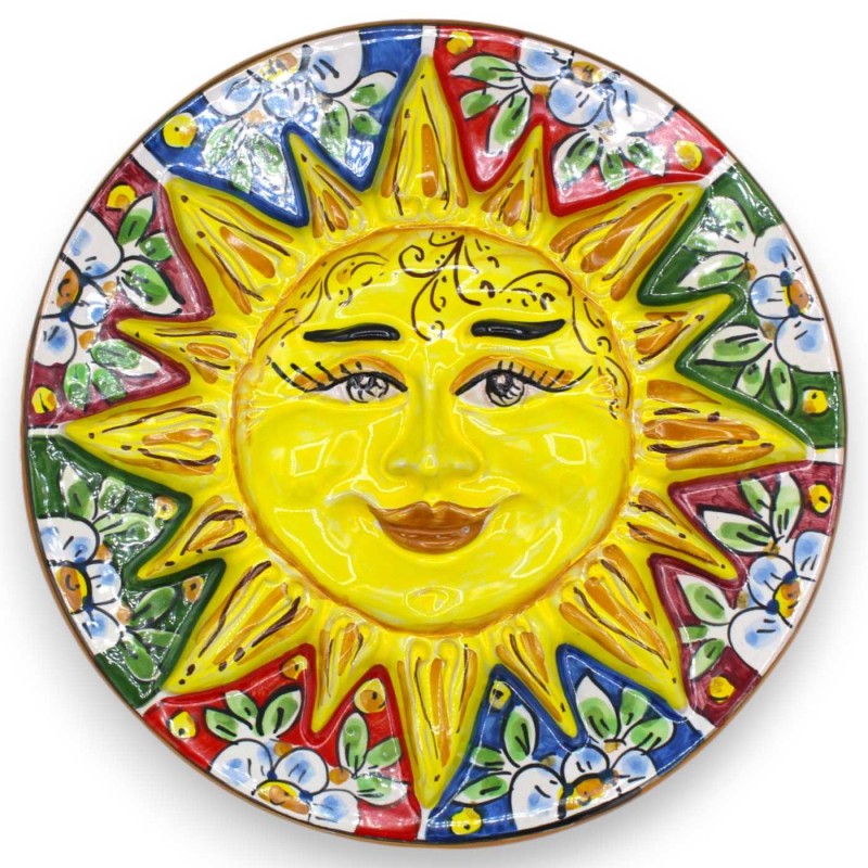 Caltagirone keramisk skiva sol, Ø ca 25 cm. blomdekoration på en mångfärgad bakgrund - 