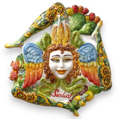 Olbrzymia Trinacria z ceramiki z Caltagirone, wysokość ok. 62 cm. Barokowa dekoracja w formie owoców i kwiatów. - 