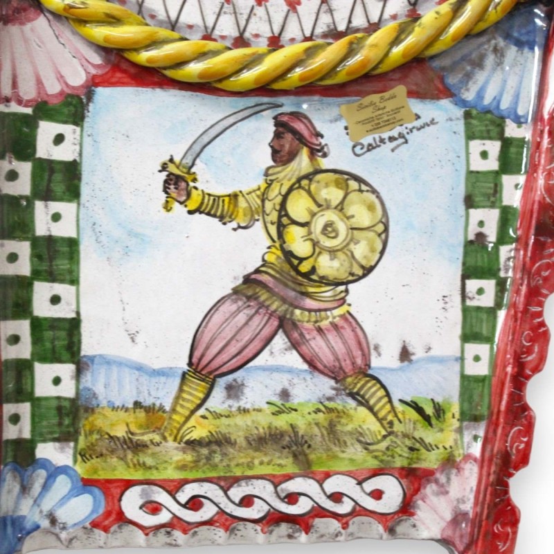 Sponda di Carretto Siciliano in ceramica Caltagirone - L 60 h 35 cm ca. decoro Paladini siciliani - 