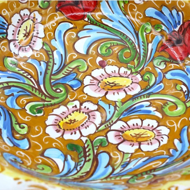 Alzata centrotavola fruttiera smerlata, ceramica Caltagirone, 3 opzioni misura (1Unità) decoro barocco e fiori - 