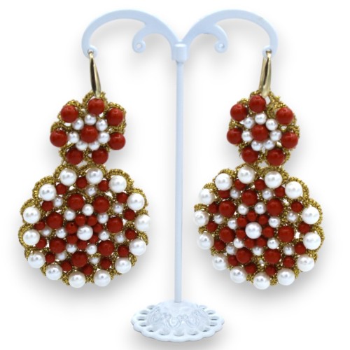 Orecchini in pizzo chiacchierino - h 9 cm ca. con perle naturali e perle di Maiorca -  2