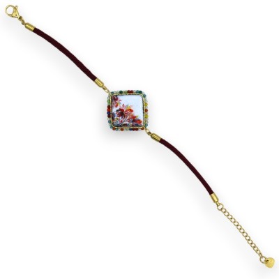 Bracelet avec carreau de pierre de lave, cordon en tissu bordeaux, L environ 25 cm. Fermeture en acier MD2 - 