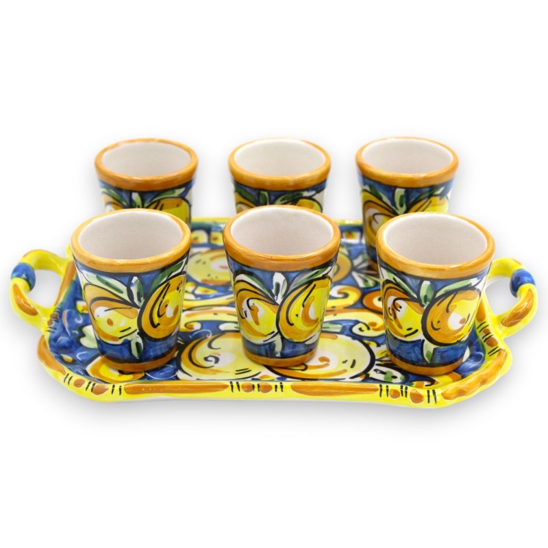 Servizio Limoncello per 6 persone in ceramica di Caltagirone, decoro barocco e limoni su fondo blu - 